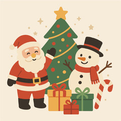 Santa, Snowman and Tree Cute Christmas Vector Illustration
