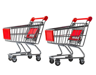 Two identical shopping carts, red and chrome, on a transparent black background