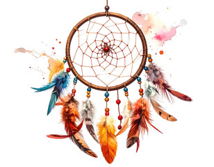 A round, brown, woven web with dangling feathers, against a watercolor background