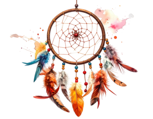 A round, brown, woven web with dangling feathers, against a watercolor background