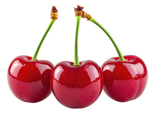 Three ripe cherries, vibrant red, with stems, isolated on a black background