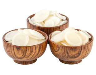 Three wooden bowls brimming with circular, pale-colored food items, isolated