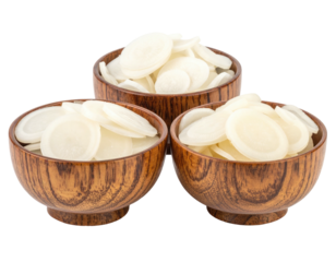 Three wooden bowls brimming with circular, pale-colored food items, isolated