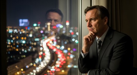 A contemplative businessman gazes out of a high-rise window at a brightly lit cityscape during nighttime, reflecting deep thought and introspection