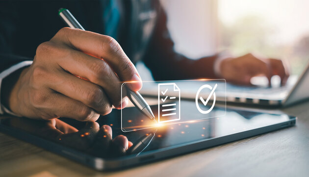 Digital Signature on Tablet with Stylus and Checklist Icon.