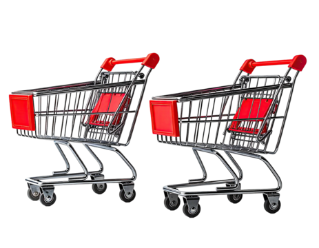 Two identical shopping carts, red and chrome, on a transparent black background