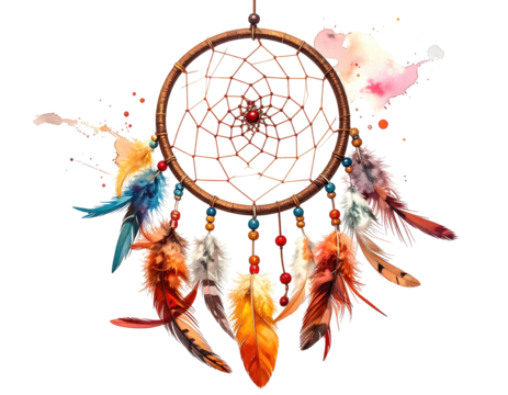 A round, brown, woven web with dangling feathers, against a watercolor background