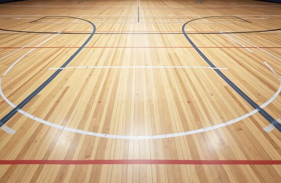Empty wooden floor sport court inside modern gym hall. Various colored lines define areas for basketball, volleyball, badminton, futsal matches. Venue ready for team training, practice, competition