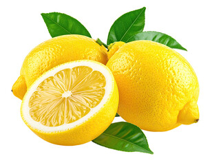 Three vibrant lemons, one halved, with green leaves, isolated on black