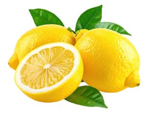 Three vibrant lemons, one halved, with green leaves, isolated on black