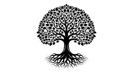 Silhouette of a tree with roots isolated on white background