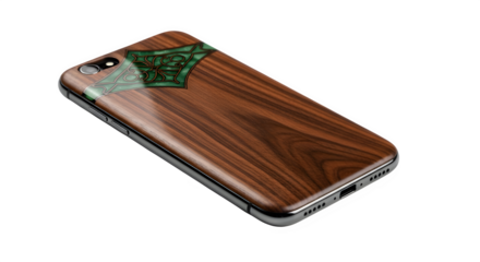 Elegant wooden phone case isolated on transparent background, featuring a unique green resin inlay for a stylish and protective design