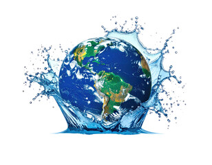 The Earth, a blue and green marble, emerging from a splash of water