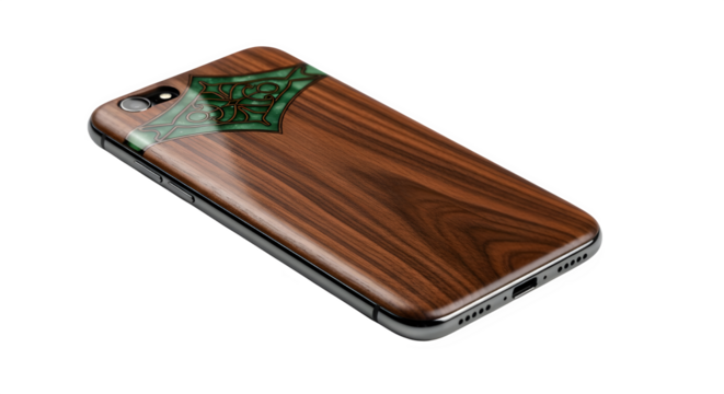 Elegant wooden phone case isolated on transparent background, featuring a unique green resin inlay for a stylish and protective design