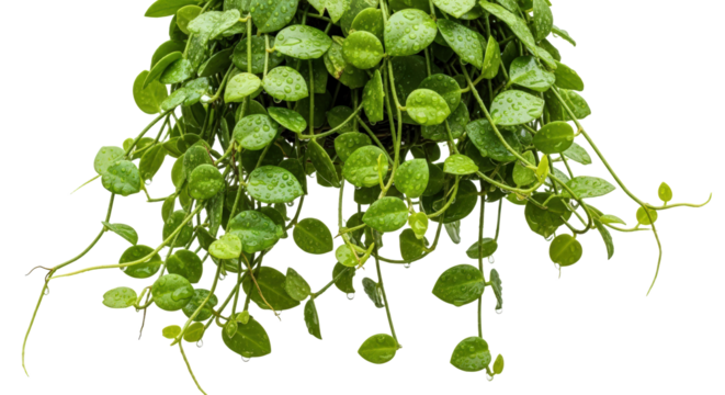 Hanging Green Dischidia Ovata Plant With Round Leaves And Water Droplets isolated on Transparent Background