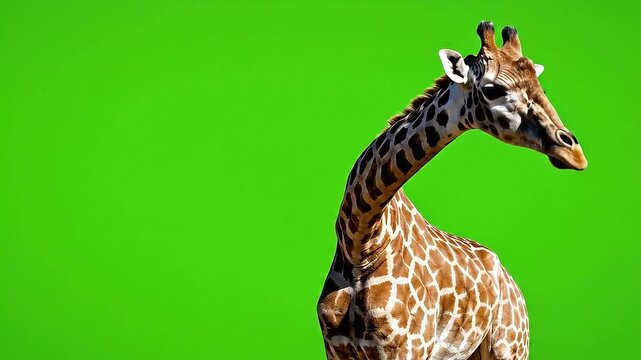 Majestic Tall Giraffe With Distinctive Patterned Coat Poses Against A Vibrant Green Screen Background Natural Wildlife Portrait