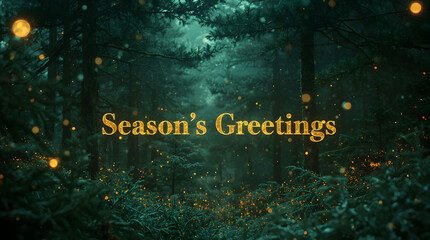 Christmas background image depicting dark pine forest, glowing firefly lights, teal tones, atmospheric depth, and golden festive greeting.

