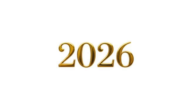 Golden 2026 year isolated on transparent background, a symbol of the upcoming new year with shiny and luxurious design elements