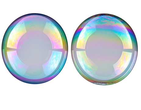 Two iridescent soap bubbles isolated against a black background, floating freely