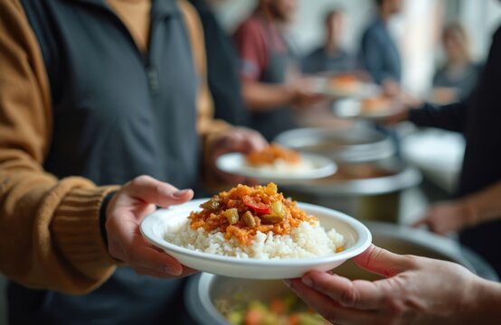 Person offers meal on plate. People receive food donation at charity event. Volunteer helps with food distribution. Helping hand serves hot lunch with rice. Social program provides humanitarian aid.
