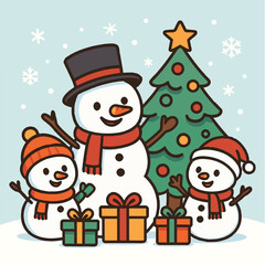 Happy Snowman Family Celebrating Joyful Christmas Vector Art
