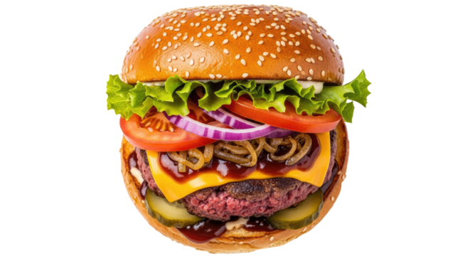 Closeup of a Delicious Multilayered Cheeseburger with Fresh Vegetables.