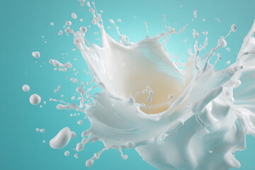 A dynamic splash of white milk erupts against a turquoise background creating an energetic and refreshing scene with numerous droplets frozen in motion