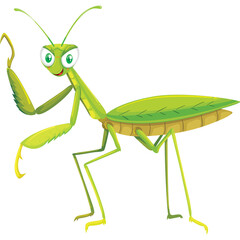 A playful cartoon praying mantis with large green eyes and a bright green body stands with its limbs outstretched and antennae alert on a white background