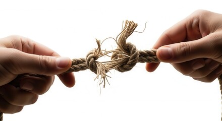 Hands holding a frayed rope knot coming undone under tension. A concept of stress, conflict, and breaking relationships. Isolated on a white background
