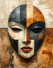 Geometric painted mask in warm tones with stylized features