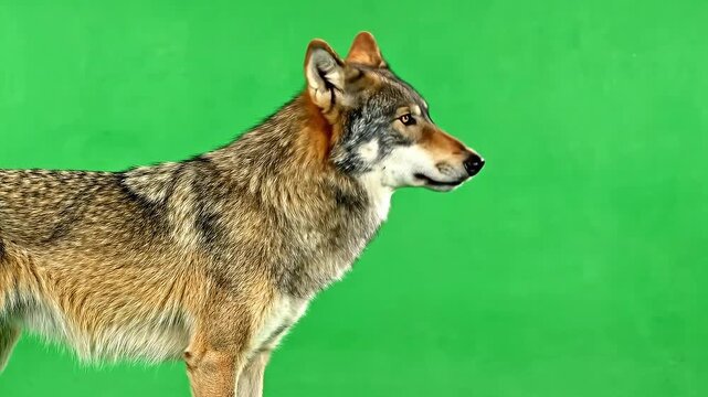 Majestic Wolf Howling Profile View Against Vibrant Green Screen Isolated Wild Animal Nature Wildlife Forest Canine Predator