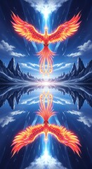 Mythical Phoenix Bird Ascending in a Reflective Cosmic Landscape.