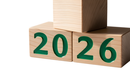Wooden blocks stacked to spell out the year 2026, symbolizing the upcoming year isolated on transparent background