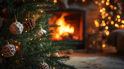 Christmas background image capturing rustic tree ornaments, warm fireplace glow, soft bokeh ambience, and cozy festive interior atmosphere.

