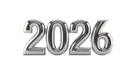 Shiny silver 2026 number isolated on transparent background, representing a sleek and modern design for the upcoming year