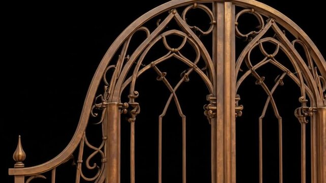 Bronze gate section with elaborate gothic tracery against black background
