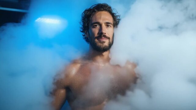 A shirtless, smiling man stands in a room filled with cool blue light and white fog