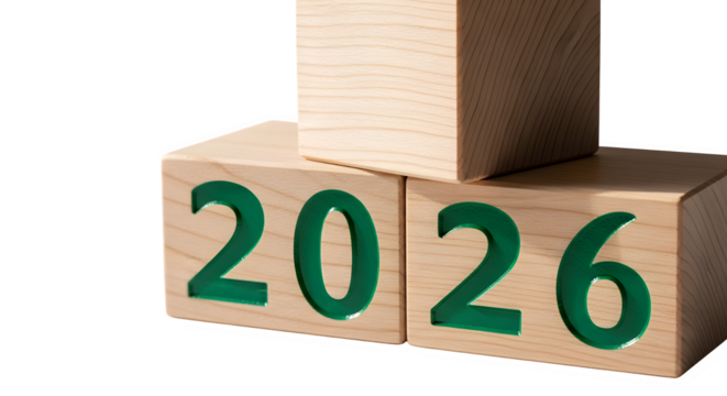 Wooden blocks stacked to spell out the year 2026, symbolizing the upcoming year isolated on transparent background