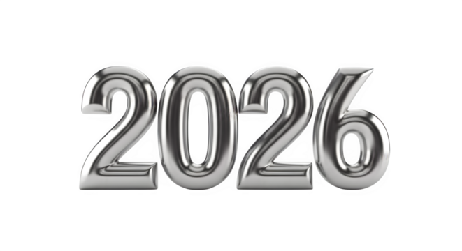 Shiny silver 2026 number isolated on transparent background, representing a sleek and modern design for the upcoming year