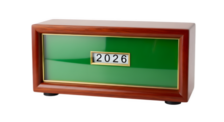 Elegant wooden box with green display showing the year 2026 isolated on transparent background for future planning