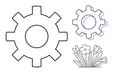 Gears alongside blooming flowers represent collaboration of nature and mechanics. Ideal for sustainability, innovation, eco-tech, balance, engineering, harmony, renewable energy. A simple flat