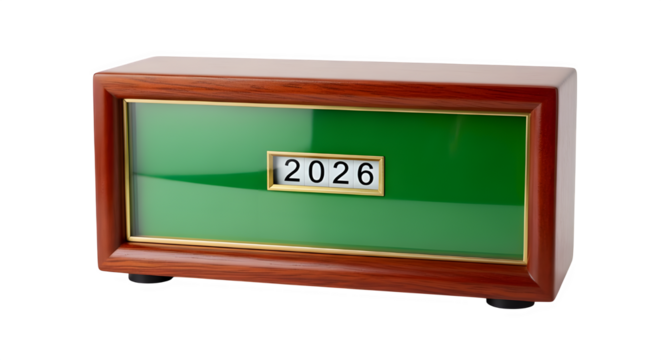 Elegant wooden box with green display showing the year 2026 isolated on transparent background for future planning - Powered by Adobe