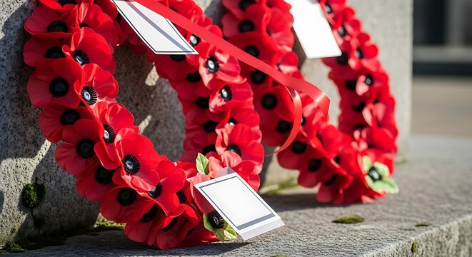 Vibrant red poppy wreath with a blank white tag, placed on a mossy gray stone war memorial for Remembrance Day commemoration - Powered by Adobe