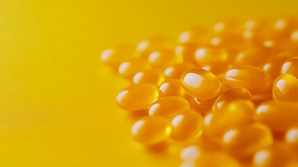 Close up macro shot of bright orange translucent gel capsules or pearls on a vibrant yellow background