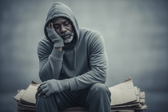 A homeless middle-aged Black man in despair sitting on cardboard. Sad person experiencing poverty and hardship. Social issue and unemployment concept