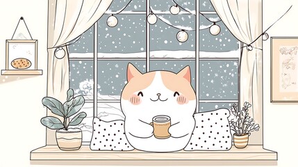Cozy cat with warm drink looking out window at gentle snowfall and twinkling fairy lights