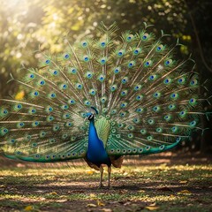 Majestic Peacock Displaying Vibrant Tail Feathers in Golden Sunlight.