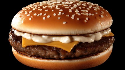 Delicious juicy beef burger with melted cheese and creamy sauce on a sesame seed bun