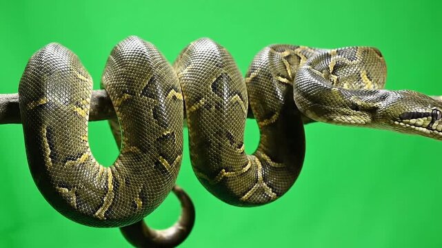 Massive Green Python Constrictor Coiled Tightly on a Tree Branch in a Studio with Vivid Green Screen Background