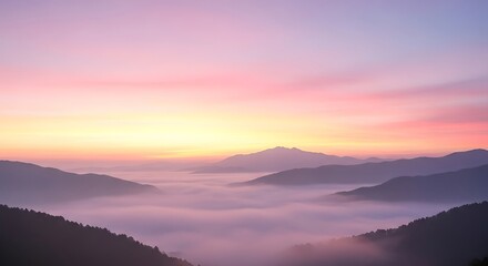 Vibrant Sunrise Over Misty Mountain Valley with Colorful Sky.